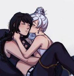 Rule 34 | 2girls, animal ears, bare shoulders, black hair, blake belladonna, cat ears, cat girl, commentary, earrings, english commentary, closed eyes, grey background, highres, jewelry, long hair, multiple girls, naitourse, pants, rwby, scar, scar across eye, scar on face, side ponytail, simple background, sleeveless, weiss schnee, white hair, yuri