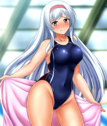 Rule 34 | 1girl, blue one-piece swimsuit, blush, breasts, collarbone, commentary request, competition swimsuit, covered navel, cowboy shot, hair between eyes, hairband, highleg, highleg swimsuit, holding, holding towel, indoors, kantai collection, large breasts, long hair, looking at viewer, nose blush, one-piece swimsuit, rei no pool, shoukaku (kancolle), silver hair, smile, solo, standing, swimsuit, towel, wet, yellow eyes, zanntetu