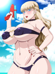 Rule 34 | 1girl, armpits, bikini, bikini bottom only, blonde hair, blue eyes, blush, breasts, cameltoe, choker, cloud, covered erect nipples, cowboy shot, curvy, day, earrings, female focus, groin, hand on own hip, hand up, highres, holding, huge breasts, impossible clothes, jewelry, legs, light blush, long hair, looking at viewer, mole, mole under mouth, nail polish, navel, o-ring, o-ring bikini, ocean, open mouth, original, outdoors, red nails, sky, smile, solo, standing, strapless, strapless bikini, sun, swimsuit, thighs, water, water beryl, water gun