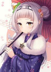 Rule 34 | 1girl, absurdres, arata (xin), black hairband, blue kimono, blunt bangs, blush, brown eyes, closed mouth, commentary, egasumi, floral background, floral print, flower, fur collar, grey hair, hair bun, hair flower, hair ornament, hairband, hands up, highres, holding, holding umbrella, hololive, japanese clothes, kimono, long hair, long sleeves, looking at viewer, murasaki shion, murasaki shion (new year), new year, oil-paper umbrella, pink flower, print kimono, side bun, single hair bun, single side bun, smile, solo, umbrella, very long hair, virtual youtuber, white background, white flower, wide sleeves, yellow flower
