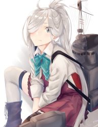 Rule 34 | 1girl, aqua bow, aqua bowtie, asashimo (kancolle), asashimo kai ni (kancolle), bad id, bad pixiv id, black footwear, blazer, boots, bow, bowtie, commentary request, dress, eyes visible through hair, grey blazer, grey eyes, grey thighhighs, hair over one eye, hiiragii (hiiragi 0404), jacket, kantai collection, long hair, long sleeves, purple dress, silver hair, sleeves rolled up, smokestack, solo, thighhighs, white background