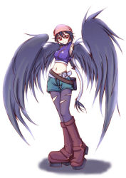 Rule 34 | 1girl, belt, bird, boots, breasts, female focus, full body, harpy, midriff, monster girl, navel, pantyhose, shorts, simple background, solo, standing, torn clothes, vulture, white background, winged arms, wings