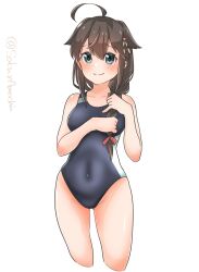 Rule 34 | 1girl, black one-piece swimsuit, blue eyes, blush, braid, breasts, brown hair, collarbone, cowboy shot, gluteal fold, hair flaps, hair ornament, hair over shoulder, hair ribbon, highres, kantai collection, long hair, no chi (aka hara), one-piece swimsuit, ribbon, shigure (kancolle), shigure kai ni (kancolle), simple background, single braid, small breasts, smile, solo, swimsuit, twitter username, white background