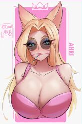 Rule 34 | 1girl, absurdres, ahri (league of legends), animal ears, arms at sides, artist name, bare shoulders, blonde hair, blue eyes, blush, breasts, character name, cleavage, collarbone, expressionless, eyebrows, eyelashes, facial mark, female focus, fox ears, fox girl, highres, huge breasts, k/da (league of legends), k/da ahri, konomiarts, league of legends, lips, lipstick, long hair, looking at viewer, makeup, official alternate costume, pink background, pink lips, pink shirt, shirt, simple background, solo, sunglasses, tank top, two-tone background, upper body, white background