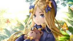Rule 34 | 1girl, abigail williams (fate), antweiyi, bad id, bad pixiv id, blonde hair, blue eyes, bow, bowtie, bug, butterfly, fate/grand order, fate (series), hair bow, hat, highres, bug, light particles, long hair, looking at viewer, plant, solo, stuffed animal, stuffed toy, sunlight, teddy bear, upper body
