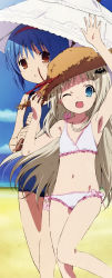 Rule 34 | 2girls, ;d, absurdres, arm up, armpits, beach, bikini, blue eyes, blue hair, brown eyes, day, fang, flat chest, frilled bikini, frills, hair ornament, hat, highres, little busters!, long hair, multiple girls, navel, nishizono mio, noumi kudryavka, official art, one eye closed, open mouth, parasol, parted lips, scan, school swimsuit, short hair, smile, straw hat, swimsuit, umbrella, white bikini