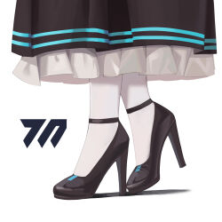 Rule 34 | 1girl, akane (blue archive), black footwear, blue archive, chinese commentary, close-up, commentary, dress, feathered wings, footwear focus, frilled dress, frills, from side, heel up, high heels, highres, legs, making-of available, shadow, shoes, simple background, solo, strappy heels, white background, wings