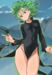 Rule 34 | 1girl, black dress, breasts, collarbone, colorized, covered navel, curly hair, curvy, dress, gaston18, green eyes, groin, highres, long sleeves, looking at viewer, murata yuusuke, no panties, one-punch man, pelvic curtain, skin tight, small breasts, tatsumaki, thick thighs, thighs, wide hips