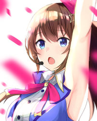 Rule 34 | 1girl, armpits, blue eyes, bow, brown hair, close-up, furai sen, hair bow, headset, highres, hololive, idol, idol clothes, looking ahead, music, open mouth, petals, pink bow, singing, solo, tokino sora, tokino sora (1st costume), virtual youtuber