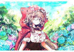 Rule 34 | 1girl, :o, absurdres, bespectacled, black bow, bow, braid, breasts, brown hair, capelet, cleavage, flower, glasses, highres, hood, hood up, hooded capelet, hydrangea, kanino omiso, large breasts, letterboxed, looking at viewer, multicolored eyes, nijisanji, parted lips, round eyewear, short sleeves, solo, twin braids, upper body, virtual youtuber, warabeda meiji