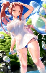 Rule 34 | 1girl, ;d, absurdres, arm up, bikini, bikini bottom only, blue bikini, blue sky, blush, bottle, breasts, brown eyes, brown hair, closed mouth, cloud, collarbone, commentary request, covered erect nipples, covered navel, day, diffraction spikes, dutch angle, etsunami kumita, feet out of frame, fingernails, highres, holding, holding bottle, large breasts, long hair, looking at viewer, nail polish, no bra, no pants, off shoulder, one eye closed, open mouth, original, outdoors, pink nails, ramune, rock, see-through, shiny skin, shirt, short sleeves, side-tie bikini bottom, side ponytail, skindentation, sky, smile, solo, summer, sweat, swimsuit, t-shirt, thighs, very long hair, wading, water, water bottle, water drop, wet, wet clothes, white shirt, wind