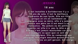Rule 34 | 1girl, brown eyes, brown hair, camisole, french, french text, gradient background, highres, long hair, navel, nipples, nude, purple background, pussy, solo, translated, white camisole