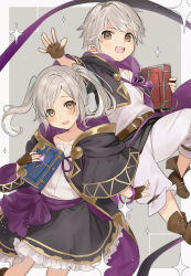 Rule 34 | 1girl, aged down, book, brown eyes, cape, child, fire emblem, fire emblem awakening, floating, gloves, haru (nakajou-28), highres, holding, holding book, hood, long hair, looking at viewer, nintendo, official alternate costume, open mouth, robin (female) (fire emblem), robin (fire emblem), robin (male) (fire emblem), simple background, smile, twintails, white hair