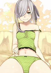 Rule 34 | 10s, 1girl, absurdres, ahoge, asashimo (kancolle), bad id, bad pixiv id, bare shoulders, breasts, camisole, collarbone, green panties, grey eyes, grey hair, hair over one eye, hand on own stomach, highres, jewelry, kanmiya shinobu, kantai collection, long hair, looking at viewer, multicolored hair, navel, panties, ring, sitting, small breasts, smile, solo, strap slip, underwear, underwear only, wedding band