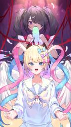 Rule 34 | 2girls, absurdres, ame-chan (needy girl overdose), angel wings, black hair, blonde hair, blue bow, blue eyes, blue hair, blue nails, bow, chouzetsusaikawa tenshi-chan, feathered wings, hair bow, hair ornament, hair over one eye, hair tie, hairclip, highres, holographic clothing, long sleeves, looking at viewer, multicolored hair, multicolored nails, multiple girls, multiple hair bows, needy girl overdose, open mouth, pink bow, pink hair, pink nails, purple bow, purple eyes, quad tails, sailor collar, school uniform, seo garam, serafuku, sidelocks, teeth, twintails, upper body, upper teeth only, vomiting, wings, x hair ornament, yellow nails