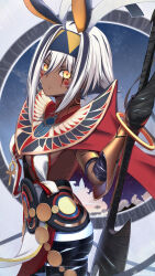 Rule 34 | 1girl, absurdres, animal ears, ankh, antenna hair, armlet, bandages, belly chain, black bandages, black hair, bracelet, bracer, breasts, cape, center opening, colored inner hair, dark-skinned female, dark skin, dress, earrings, facepaint, facial mark, fate/grand order, fate (series), glowing skin, gold trim, hairband, highres, hoop earrings, jackal ears, jewelry, looking at viewer, medium breasts, multicolored hair, nitocris (fate), nitocris alter (fate), nitocris alter (second ascension) (fate), particle sfs, pelvic curtain, red cape, short hair, sidelocks, solo, staff, streaked hair, thighlet, thighs, usekh collar, white dress, white hair, yellow eyes