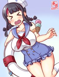 Rule 34 | &gt; &lt;, 1girl, artist logo, ball, beachball, black hair, blue one-piece swimsuit, braid, breasts, closed eyes, collarbone, cowboy shot, dated, dixie cup hat, fate/grand order, fate (series), gradient background, hat, ice cream cone, innertube, kanon (kurogane knights), large breasts, low twin braids, magatama, military hat, one-hour drawing challenge, one-piece swimsuit, solo, swim ring, swimsuit, swimsuit skirt, tears, twin braids, two-tone swimsuit, utsumi erice, utsumi erice (swimsuit avenger), utsumi erice (swimsuit avenger) (second ascension), wavy mouth, white one-piece swimsuit