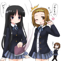 3girls akiyama_mio bad_id bad_pixiv_id black_eyes black_hair book brown_eyes brown_hair hirasawa_yui hitting k-on! ktsecond long_hair multiple_girls pantyhose school_uniform short_hair tainaka_ritsu wink