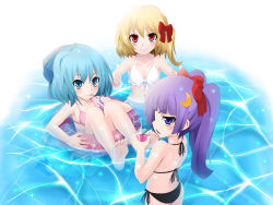 Rule 34 | &gt;:), alternate hairstyle, bad id, bad pixiv id, barefoot, bikini, blonde hair, blue eyes, blue hair, bow, cirno, crescent, crescent hair ornament, crescent moon, drink, flandre scarlet, hair bow, hair ornament, highres, innertube, kate (alice catharsis), long hair, moon, multiple girls, patchouli knowledge, ponytail, purple eyes, purple hair, red eyes, short hair, side ponytail, submerged, swim ring, swimsuit, touhou, v, v-shaped eyebrows, wading, water