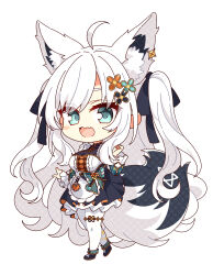 1girl 7:08 absurdres ahoge animal_ear_fluff animal_ears apron black_bow black_dress blush bow braid chibi commentary_request dress earrings extra_ears fang fox_ears fox_girl fox_tail green_eyes hair_between_eyes hair_bow highres hololive jewelry long_hair looking_at_viewer maid_apron open_mouth pantyhose pentagram shirakami_fubuki shirakami_fubuki_(8th_costume) sidelocks simple_background single_braid skin_fang solo swept_bangs tail thigh_strap two_side_up virtual_youtuber white_background white_hair white_pantyhose