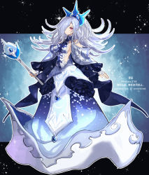 Rule 34 | 1girl, absurdres, alternate costume, back bow, blue background, blue dress, bow, closed mouth, dress, duel monster, expressionless, full body, grey hair, hair ornament, hair over one eye, highres, holding, holding staff, long hair, looking at viewer, pink eyes, sideless outfit, silent magician, solo, sparkle, staff, standing, sugomori tsuru (artist), twitter username, yu-gi-oh!