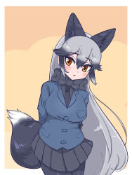 Rule 34 | 1girl, animal ears, aramaru, arms behind back, black bow, black bowtie, black hair, black necktie, black pantyhose, black shirt, black skirt, blazer, blue jacket, bow, bowtie, brown eyes, commentary, cowboy shot, extra ears, fox ears, fox tail, fur collar, gradient hair, grey hair, highres, jacket, kemono friends, leaning forward, long hair, long sleeves, looking at viewer, miniskirt, multicolored hair, necktie, outside border, pantyhose, parted lips, pleated skirt, shirt, silver fox (kemono friends), skirt, solo, standing, tail, very long hair, yellow background