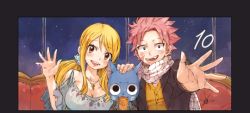 Rule 34 | 1boy, 1girl, blonde hair, cat, fairy tail, happy (fairy tail), looking at viewer, lucy heartfilia, natsu dragneel, pink hair, rusky, scarf, spiked hair, tagme, upper body