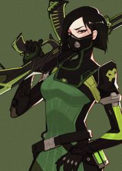 Rule 34 | 1girl, animification, black hair, bodysuit, boots, gloves, green background, green bodysuit, green eyes, hair behind ear, highres, hyoon (sockgyu), looking at viewer, mask, mouth mask, respirator, short hair, simple background, standing, thigh boots, thighhighs, upper body, valorant, viper (valorant), weapon