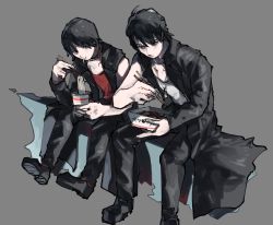 2boys, :t, bangs, black coat, black eyes, black footwear, black hair, black pants, black theme, box, chikichi, chopsticks, closed mouth, coat, collarbone, cup ramen, dog tags, eating, food, full body, grey background, holding, holding chopsticks, japanese text, jewelry, kageyama shun, kamen rider, kamen rider kabuto (series), looking at another, looking down, looking to the side, male focus, matching hair/eyes, meat, multiple boys, necklace, noodles, open clothes, open coat, pants, red shirt, shirt, shoes, short hair, simple background, single sleeve, sitting, sleeveless, sleeveless shirt, translation request, trench coat, white shirt, yaguruma sou