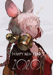 Rule 34 | 1girl, 2020, animal ears, bell, braid, braided ponytail, burari, chinese zodiac, grey background, happy new year, highres, holding, holding mallet, mallet, mouse ears, multicolored hair, new year, original, ponytail, red eyes, red hair, single braid, solo, star (symbol), upper body, white hair, year of the rat