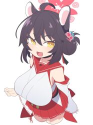 Rule 34 | 1girl, ahoge, animal ears, black hair, blue archive, blush, breasts, cropped legs, detached sleeves, fang, hair between eyes, hair bun, hair ornament, halo, highres, japanese clothes, kaede (blue archive), large breasts, looking at viewer, mzh, open mouth, red sailor collar, ribbon-trimmed sleeves, ribbon trim, sailor collar, simple background, single side bun, skin fang, solo, white background, wide sleeves, yellow eyes