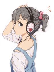 Rule 34 | 1girl, bow, casual, drawr, grey eyes, grey hair, hair bow, hand on own head, headphones, looking back, mattaku mousuke, musical note, oekaki, original, overalls, parted lips, pentagram, polka dot, polka dot bow, ponytail, profile, quaver, simple background, sleeves rolled up, solo, white background