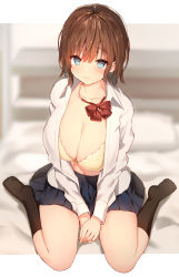 Rule 34 | 1girl, bed sheet, black socks, blouse, blue eyes, blush, bow, bowtie, breasts, brown hair, cleavage, highres, kneehighs, large breasts, looking at viewer, loose neckwear, open clothes, open shirt, original, own hands together, pleated skirt, red bow, red bowtie, school uniform, shirt, short hair, sitting, skirt, socks, solo, sune (mugendai), wariza