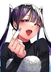 Rule 34 | 1girl, black shirt, breasts, commentary, eyeshadow, fang, finger heart, fur (clothing), highres, long hair, long sleeves, looking at viewer, makeup, medium breasts, multicolored hair, open mouth, original, purple eyes, purple nails, red eyeshadow, shinjou takuya, shirt, simple background, solo, symbol-only commentary, two-tone hair, upper body, white background, wispy bangs