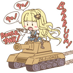 Rule 34 | arm ribbon, bad id, bad pixiv id, black ribbon, blonde hair, blue dress, blunt bangs, boots, char (sennen sensou aigis), chibi, commentary request, dress, english text, frills, furrowed brow, gloves, hair ornament, hair ribbon, highres, long hair, military, military vehicle, motor vehicle, open mouth, pleated skirt, pointing finger, puffy sleeves, ribbon, sennen sensou aigis, simple background, skirt, solo, speech bubble, straddling, tank, tank turret, tongue, tread marks, white background, white legwear