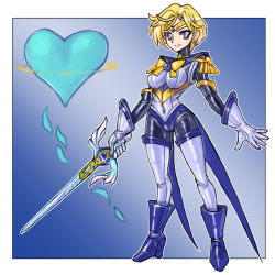 Rule 34 | 1girl, alternate costume, ankle boots, bishoujo senshi sailor moon, blonde hair, blue background, blue bodysuit, blue eyes, blue footwear, blue gloves, blue sailor collar, blue theme, bodysuit, boots, bow, brooch, circlet, closed mouth, full body, gloves, heart, highres, holding, holding sword, holding weapon, jewelry, looking at viewer, magical girl, oomasa teikoku, parted bangs, sailor collar, sailor uranus, short hair, simple background, skin tight, smile, solo, space sword, standing, sword, ten&#039;ou haruka, very short hair, weapon, yellow bow