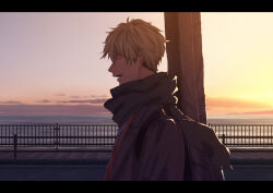 Rule 34 | 1boy, backpack, bag, closed eyes, cloud, ear piercing, facing to the side, fence, given, light green hair, male focus, multiple piercings, nagii (nmncrss), ocean, open mouth, piercing, road, scarf, short hair, sky, smile, solo, street, sunset, teeth, upper body, upper teeth only, yoshida yuki (given)