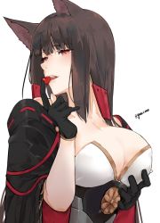 Rule 34 | 1girl, akagi (azur lane), animal ears, azur lane, black gloves, breast hold, breasts, brown hair, bustier, candy heart, cleavage, collarbone, commentary, eyelashes, gloves, gold trim, hand up, japanese clothes, kikumon, kimono, large breasts, lips, long hair, looking at viewer, neko (ganecooo), off shoulder, red eyes, sidelocks, simple background, smirk, solo, turning head, twitter username, very long hair, white background, wolf ears