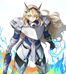 Rule 34 | 1girl, absurdres, armor, black pants, blonde hair, blue eyes, blue shirt, chain, closed mouth, cowboy shot, barghest (fate), barghest (first ascension) (fate), fate/grand order, fate (series), fire, frown, glaring, greaves, green eyes, hairband, heterochromia, highres, holding, holding sword, holding weapon, long hair, looking at viewer, multicolored eyes, orange eyes, pants, shirt, simple background, solo, standing, sword, weapon, white background, yuniyuni