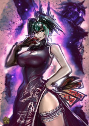 Rule 34 | 1girl, :d, artist name, aura, breasts, charm (object), china dress, chinese clothes, dark aura, dress, glowing, green eyes, green hair, hair between eyes, hand on own hip, highres, large breasts, long dress, looking at viewer, open mouth, shaman king, sketch, sleeveless, sleeveless dress, smile, solo, standing, tao jun, teeth, the golden smurf, thick thighs, thigh strap, thighs