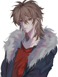 Rule 34 | 1boy, blue jacket, brown eyes, brown hair, chinese commentary, closed mouth, commentary request, fur-trimmed jacket, fur trim, hair between eyes, highres, isoi reiji, jacket, male focus, medium hair, open clothes, open jacket, paomian chi jiaozi, red shirt, saibou shinkyoku, shirt, simple background, solo, upper body, white background