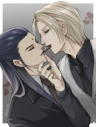 Rule 34 | 2boys, bindi, biting, blonde hair, blue eyes, candy, closed eyes, collar, earrings, eating, eyelashes, final fantasy, final fantasy vii, final fantasy vii remake, food, food in mouth, formal, framed, fujiko one, hand on another&#039;s chin, hand on another&#039;s face, heart, highres, jewelry, long hair, looking at another, male focus, multiple boys, necktie, rufus shinra, short hair, square enix, suit, tseng, turks (ff7), twitter username, valentine, vest, wing collar, yaoi