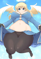 Rule 34 | 10s, 1girl, angel wings, atago (kancolle), bad id, bad pixiv id, belly, black gloves, black panties, black pantyhose, blonde hair, blue eyes, blush, breasts, bursting belly, cleavage cutout, clothes lift, clothing cutout, female focus, gloves, hat, highres, jacket, kantai collection, kurokaze no sora, large breasts, long hair, looking at viewer, midriff, navel, panties, panties under pantyhose, pantyhose, plump, skirt, skirt lift, smile, solo, tareme, thick thighs, thighs, undersized clothes, underwear, wings
