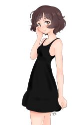 Rule 34 | 1girl, absurdres, akiyama yukari, artist name, black dress, brown eyes, brown hair, casual, closed mouth, dated, dress, from side, girls und panzer, hand in own hair, highres, looking at viewer, messy hair, pierre kirby, short dress, short hair, signature, simple background, smile, solo, standing, sundress, white background