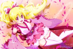 Rule 34 | 1girl, 2016, :d, blonde hair, boots, bow, collarbone, cosplay, cure fortune, cure fortune (anmitsu komachi), cure fortune (cosplay), cure peach, dated, detached sleeves, floating hair, fresh precure!, frilled kimono, frills, hair bow, happinesscharge precure!, japanese clothes, kimono, layered skirt, long hair, long sleeves, looking at viewer, miniskirt, momozono love, nita (onakatohoppe), open mouth, outstretched arms, outstretched hand, pink bow, pink skirt, pink sleeves, pleated skirt, precure, red eyes, skirt, sleeveless, sleeveless kimono, smile, solo, sparkle, thigh boots, thighhighs, twitter username, very long hair, white footwear, white kimono, white skirt, wide sleeves, zettai ryouiki