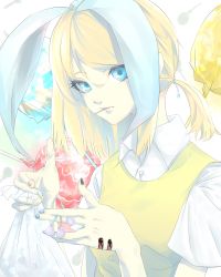 Rule 34 | 1girl, bandaid, bandaid on hand, blue eyes, bow, breasts, candy, collared shirt, fingernails, food, hair between eyes, hands up, highres, kagamine rin, lips, looking at viewer, matsunaga777, multicolored nails, nail polish, shirt, short sleeves, small breasts, solo, upper body, vest, vocaloid, white bow, yellow vest