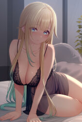 Rule 34 | 1girl, aizawa ema, bare legs, bare shoulders, bed, blonde hair, blue eyes, blush, breasts, camisole, chemise, cleavage, eyes visible through hair, gradient hair, green hair, large breasts, lingerie, long hair, looking at viewer, multicolored hair, negligee, nikichiho, on bed, see-through, see-through camisole, see-through chemise, sidelocks, solo, underwear, virtual youtuber, vspo!
