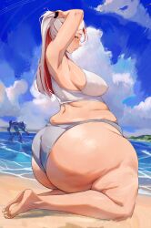 Rule 34 | 1girl, abs, absurdres, adjusting hair, armored core, armored core 6, arms up, ass, ayre (armored core 6), bambooale, beach, breasts, cloud, cloudy sky, colored inner hair, covered erect nipples, fat, highres, huge ass, island, kneeling, large breasts, looking at viewer, mecha, multicolored hair, ocean, ponytail, red eyes, red hair, robot, seiza, sideways glance, sitting, sky, solo, thick thighs, thighs, wariza, white hair