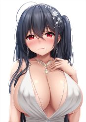 Rule 34 | 1girl, areola slip, azur lane, backless dress, backless outfit, bad id, bad pixiv id, bare shoulders, black hair, blush, breasts, center opening, cleavage, cocktail dress, covered erect nipples, dress, earrings, evening gown, hair between eyes, hair ornament, highres, huge breasts, jewelry, looking at viewer, necklace, official alternate costume, plunging neckline, red eyes, simple background, sleeveless, sleeveless dress, solo, taihou (azur lane), taihou (temptation on the sea breeze) (azur lane), tapisuke, upper body, white background, white dress