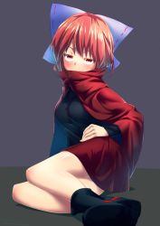 Rule 34 | 1girl, blue bow, blush, bow, breasts, cape, closed mouth, full body, grey background, hair bow, highres, kisamu (ksmz), long sleeves, looking at viewer, medium breasts, red eyes, red hair, red skirt, sekibanki, short hair, sitting, skirt, smile, solo, touhou